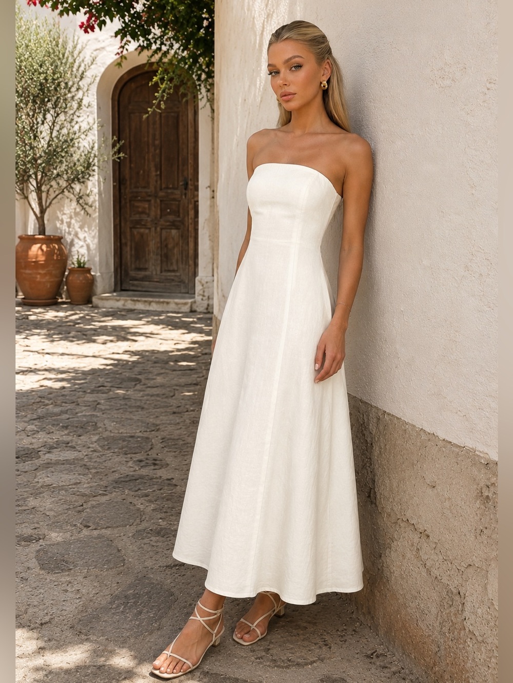 Linen Blend Strapless Maxi Dress with Pockets white